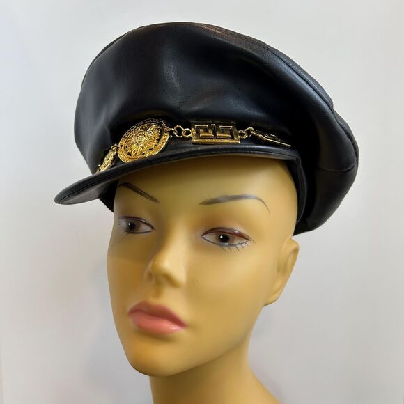 Vintage 80s KOKIN Faux Leather Moto Biker Newsboy Cabbie Hat Gold Sunburst - Picture 3 of 9
